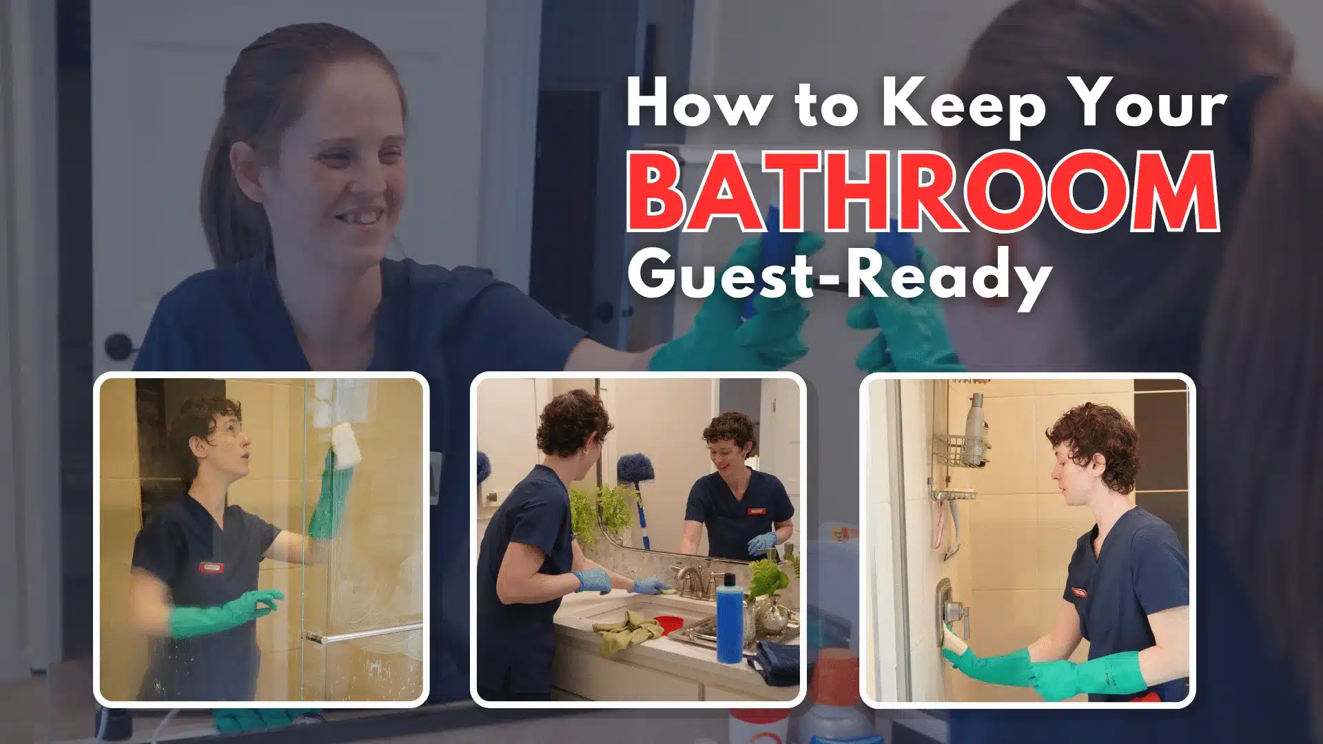 Woman cleaning a bathroom for guests, American Maid cleaning services.